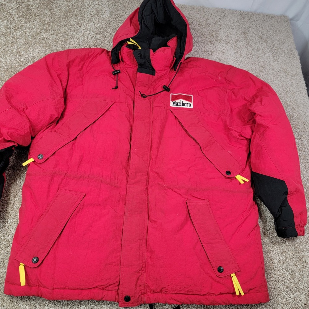 Marlboro Country Store Red Down Puffer Jacket Coat Hooded Mens XL